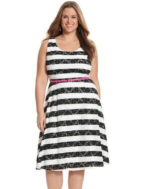 Lane Bryant Black & White Striped Skater Dress w/ Original Pink Belt, Sz 20